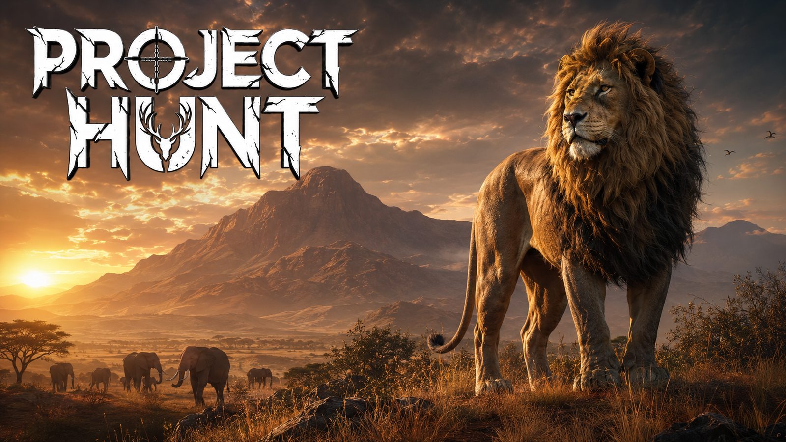 PROJECT HUNT key art — a lion overlooking the savanna at sunset